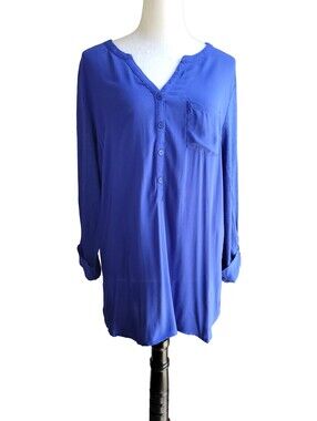 Merona Royal Blue Henley Blouse Roll-tab Sleeves V-neck Pullover Size XL